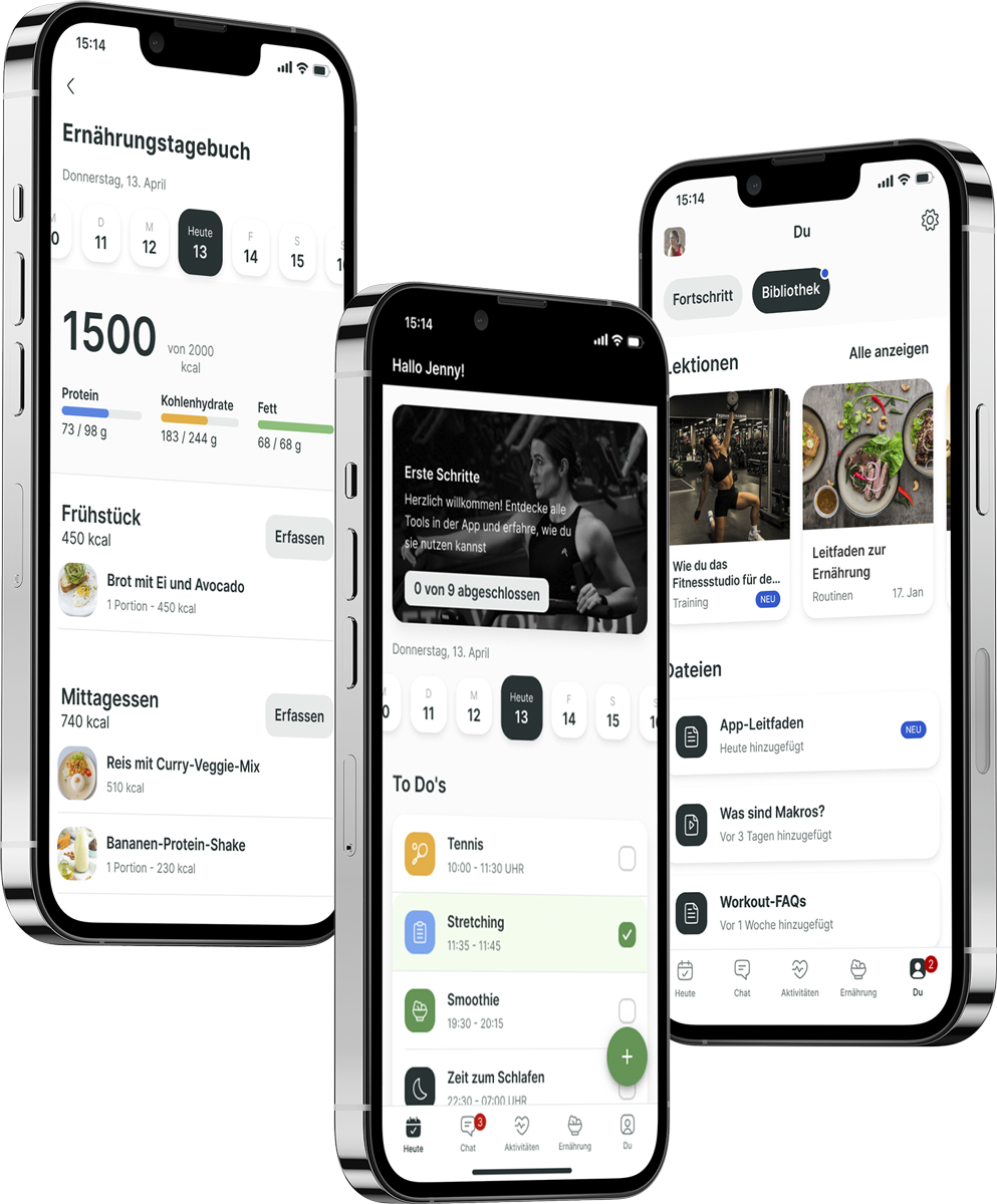 Ein Mockup der Coaching-App, das die Funktionen zeigt.